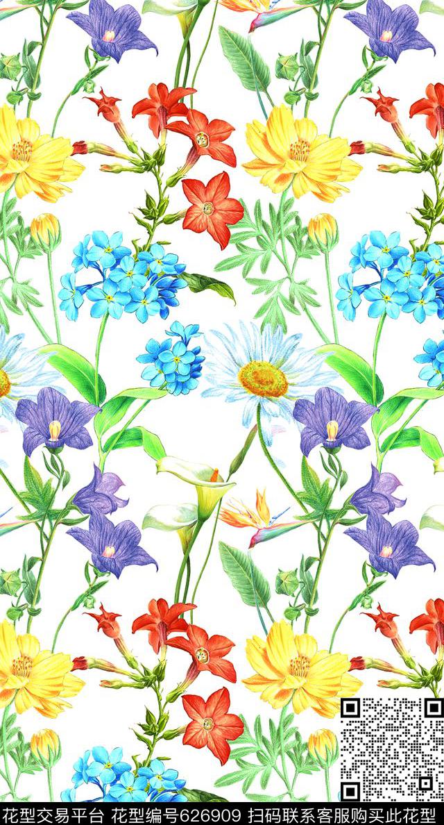 手绘各种小碎花夏威夷热带风情手绘铅笔花数码印花华亿平台下载（图片编号: 626909） - 瓦栏（Walan）