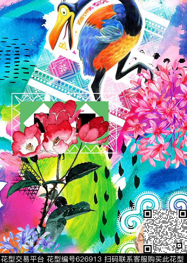 趣味动物手绘花卉数码印花华亿平台下载（图片编号: 626913） - 瓦栏（Walan）