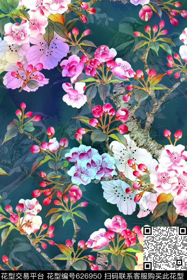 中国风花鸟画杏花桃花梅花樱花数码印花华亿平台下载（图片编号: 626950） - 瓦栏（Walan）