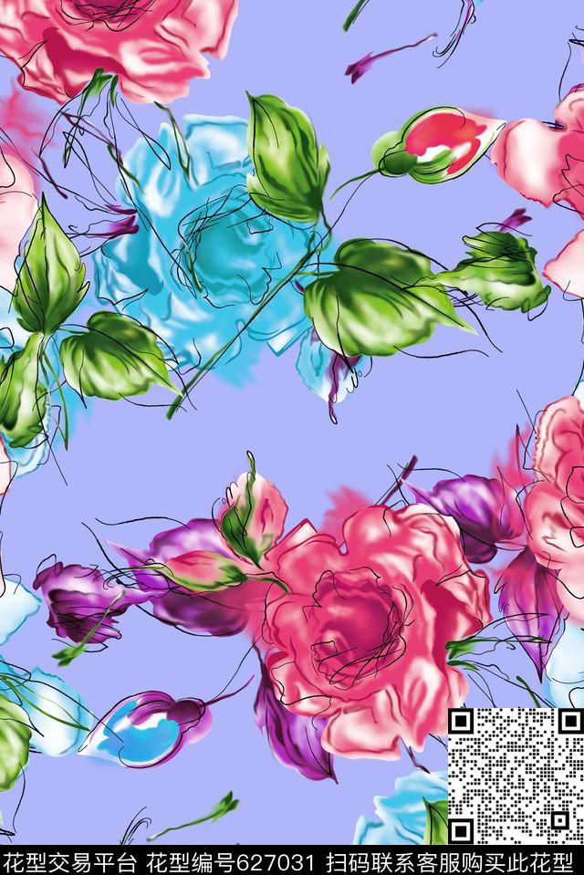 手绘线描玫瑰数码印花华亿平台下载（图片编号: 627031） - 瓦栏（Walan）