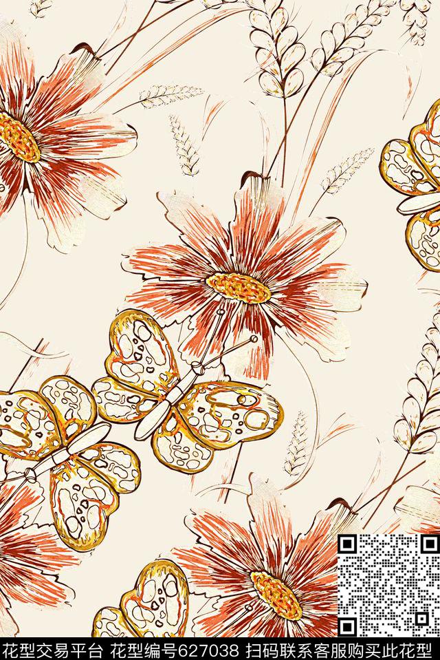 麦穗线描手绘数码印花华亿平台下载（图片编号: 627038） - 瓦栏（Walan）