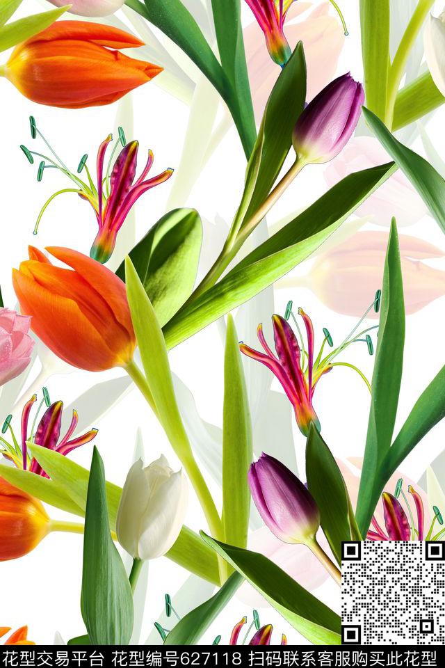 郁金香花朵花卉数码印花华亿平台下载（图片编号: 627118） - 瓦栏（Walan）