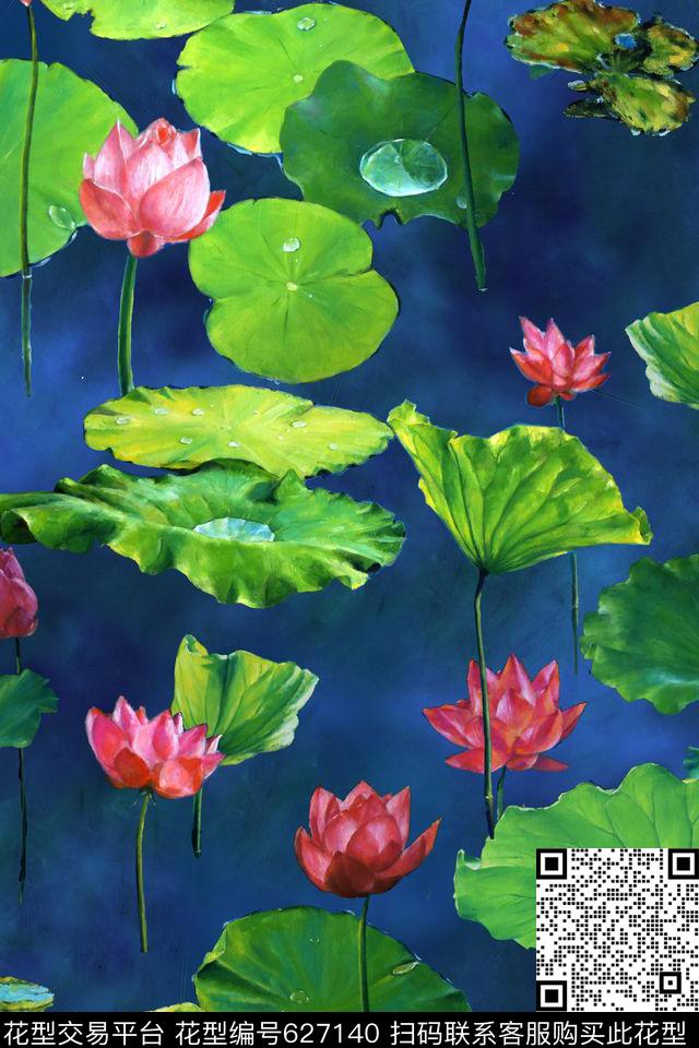 中国风油画荷花数码印花华亿平台下载（图片编号: 627140） - 瓦栏（Walan）