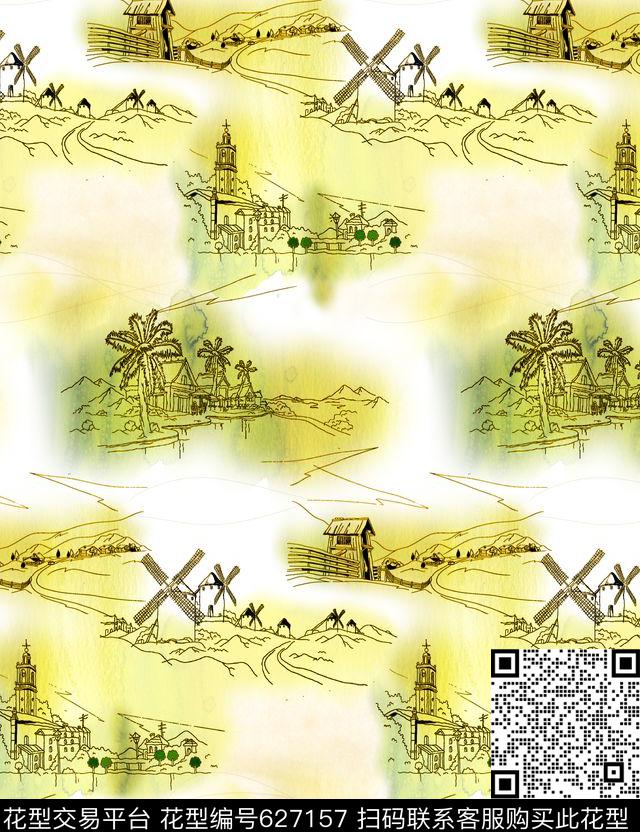 抽象手绘涂鸦房子树木风景插画传统印花华亿平台下载（图片编号: 627157） - 瓦栏（Walan）