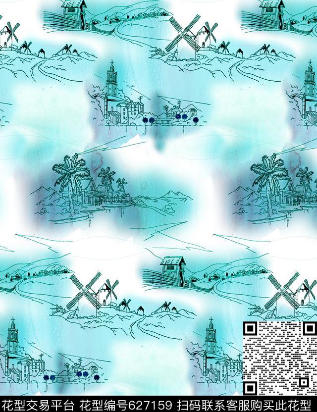 抽象手绘涂鸦房子树木风景插画传统印花华亿平台下载（图片编号: 627159） - 瓦栏（Walan）