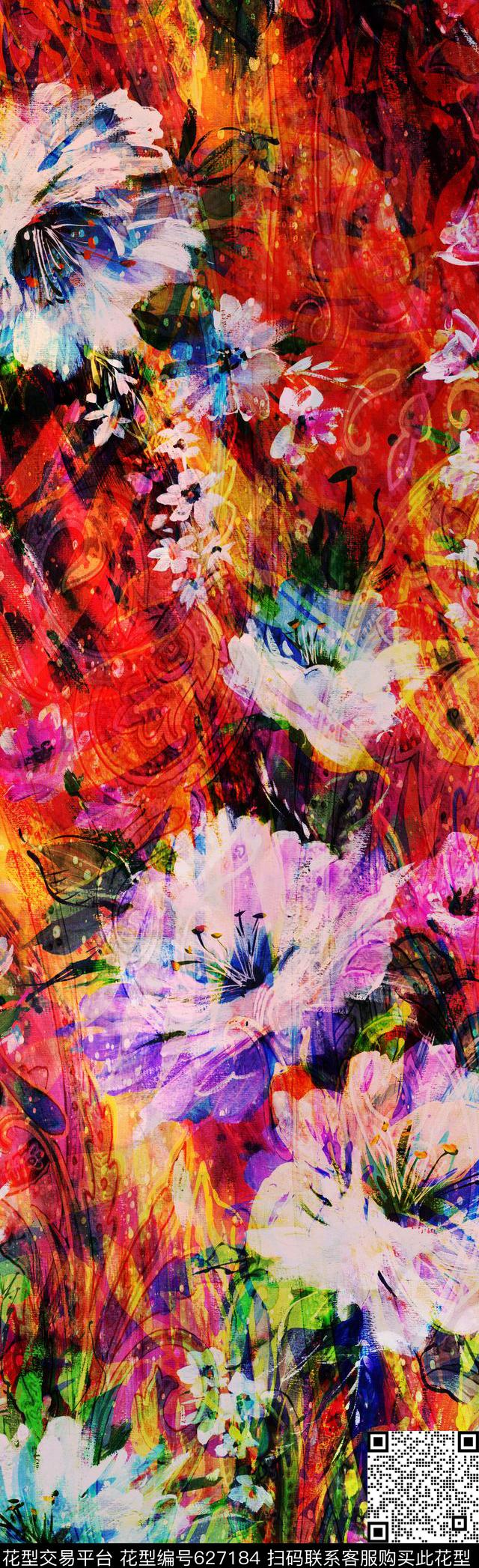 花卉丝巾花卉花纹花卉长巾数码印花华亿平台下载（图片编号: 627184） - 瓦栏（Walan）