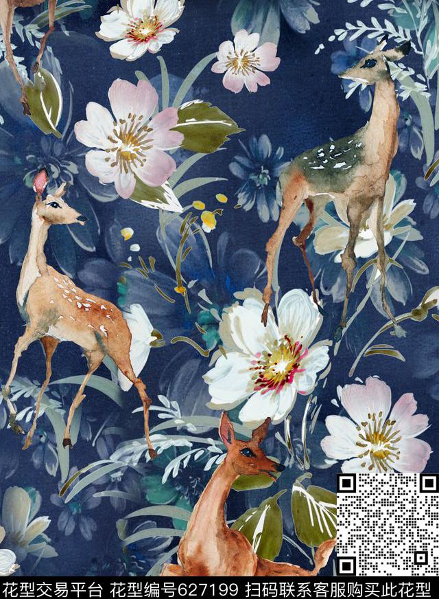 花卉梅花鹿高贵数码印花华亿平台下载（图片编号: 627199） - 瓦栏（Walan）