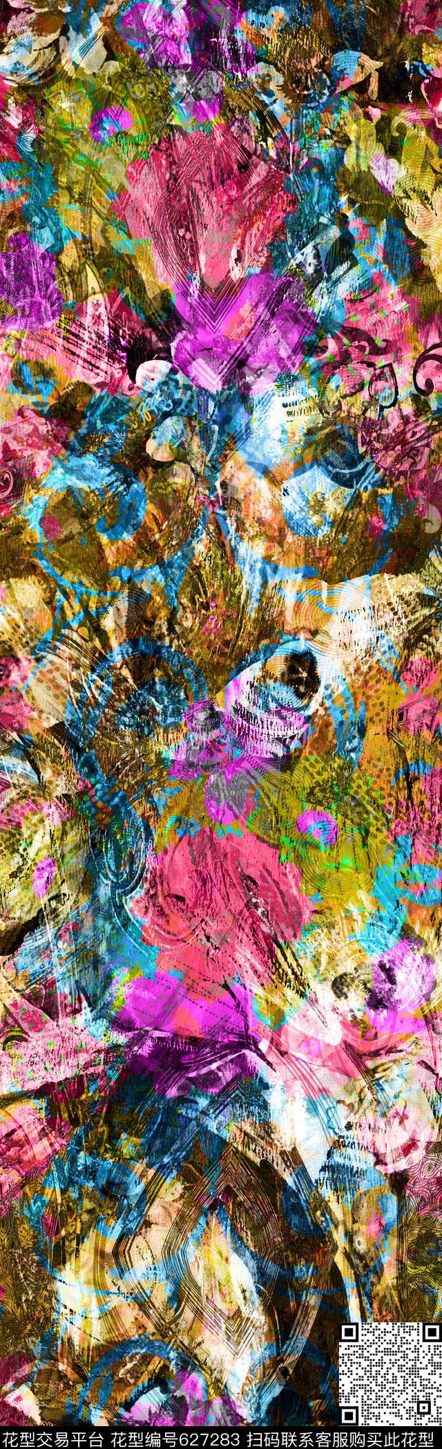 英文长巾数码长巾抽象花纹数码印花华亿平台下载（图片编号: 627283） - 瓦栏（Walan）