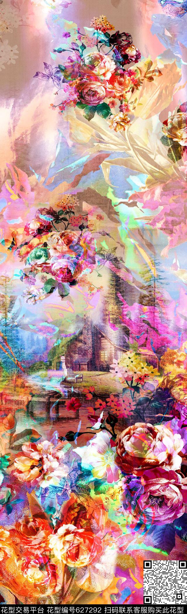 抽象长巾花纹抽象彩图抽象格形数码印花华亿平台下载（图片编号: 627292） - 瓦栏（Walan）