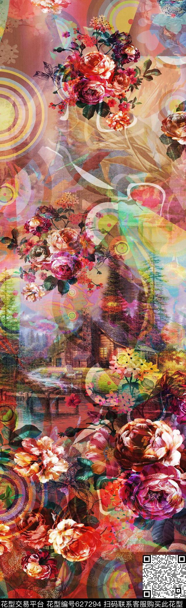 抽象长巾花纹抽象彩图抽象格形数码印花华亿平台下载（图片编号: 627294） - 瓦栏（Walan）
