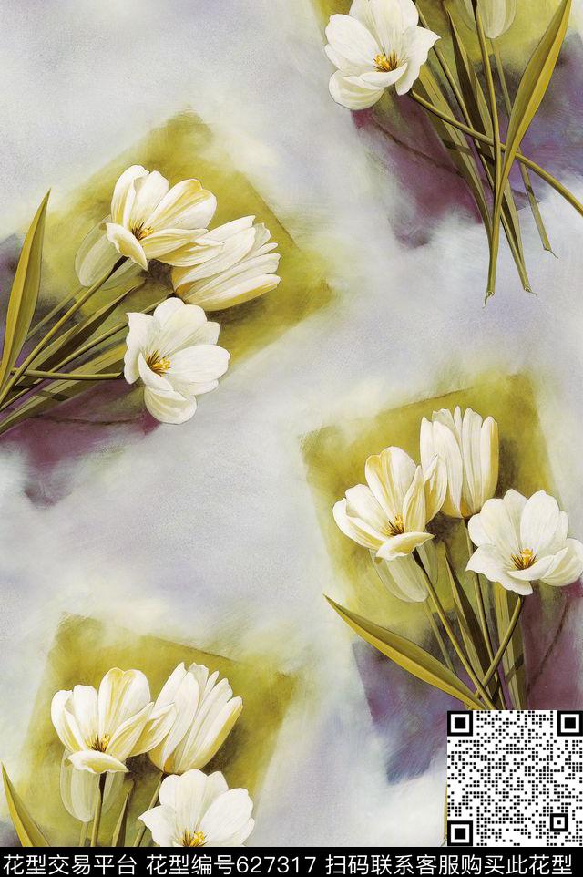 面料花油画手绘花卉时尚潮流清新女装面料花数码印花华亿平台下载（图片编号: 627317） - 瓦栏（Walan）