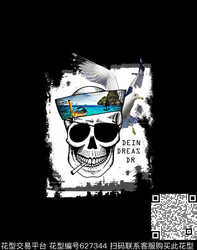 水手骷髅头海鸟男装T恤数码印花华亿平台下载（图片编号: 627344） - 瓦栏（Walan）