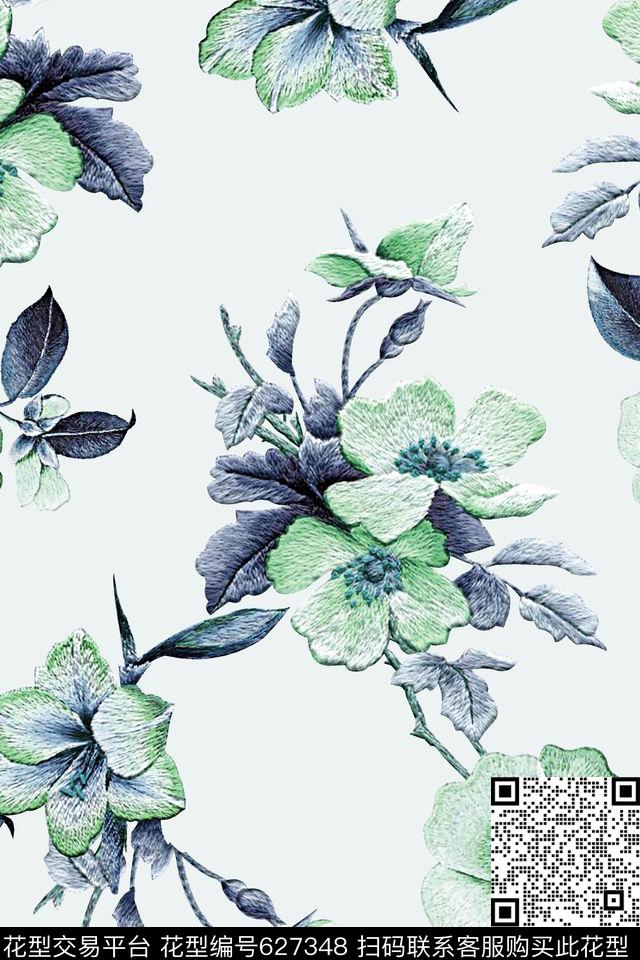 抽象手绘满版刺绣最新高清数码花卉清爽花卉数码印花华亿平台下载（图片编号: 627348） - 瓦栏（Walan）