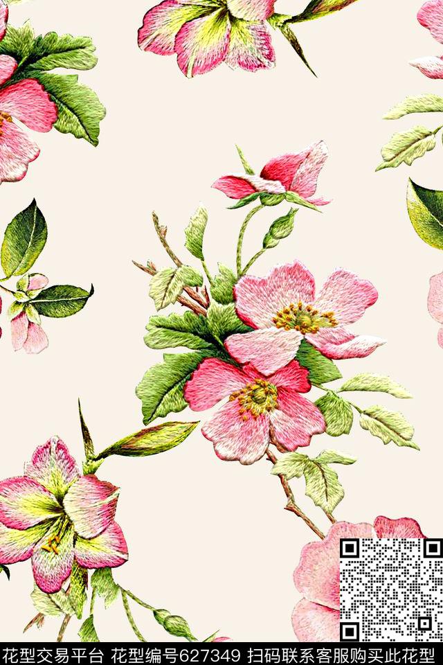 抽象手绘满版刺绣最新高清数码花卉清爽花卉数码印花华亿平台下载（图片编号: 627349） - 瓦栏（Walan）