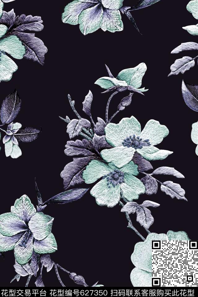 抽象手绘满版刺绣最新高清数码花卉清爽花卉数码印花华亿平台下载（图片编号: 627350） - 瓦栏（Walan）