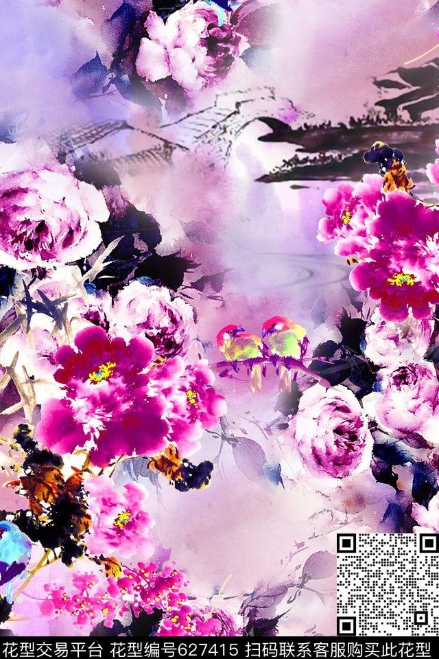 中国风水墨水彩数码印花华亿平台下载（图片编号: 627415） - 瓦栏（Walan）