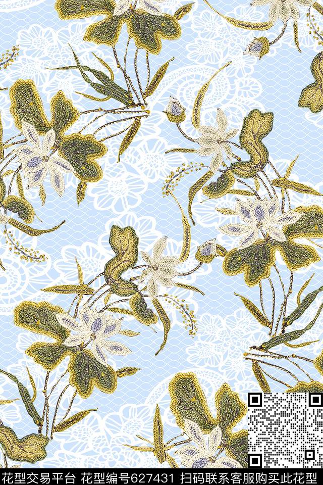 小清新花卉花卉蕾丝绣花花卉数码印花华亿平台下载（图片编号: 627431） - 瓦栏（Walan）