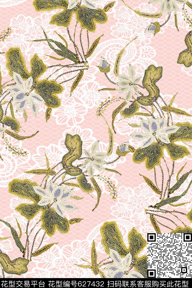 小清新花卉花卉蕾丝绣花花卉数码印花华亿平台下载（图片编号: 627432） - 瓦栏（Walan）