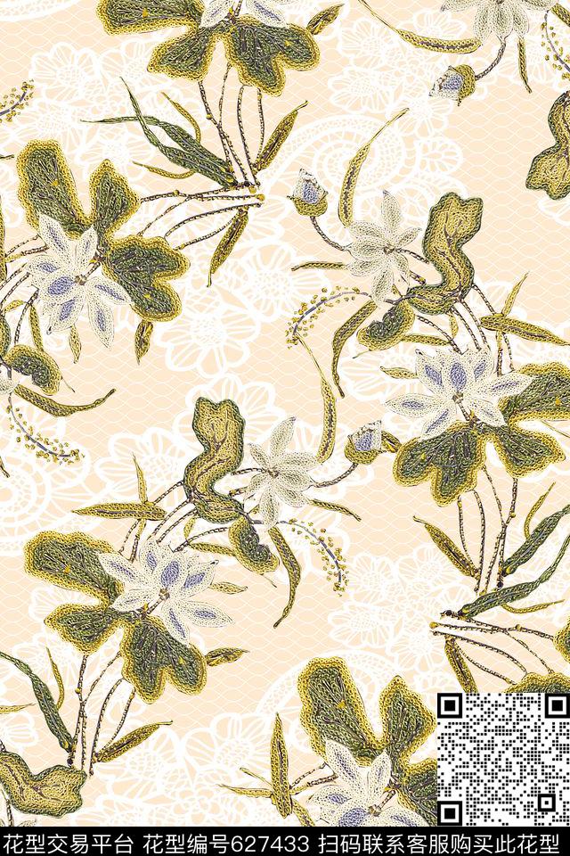 小清新花卉花卉蕾丝绣花花卉数码印花华亿平台下载（图片编号: 627433） - 瓦栏（Walan）