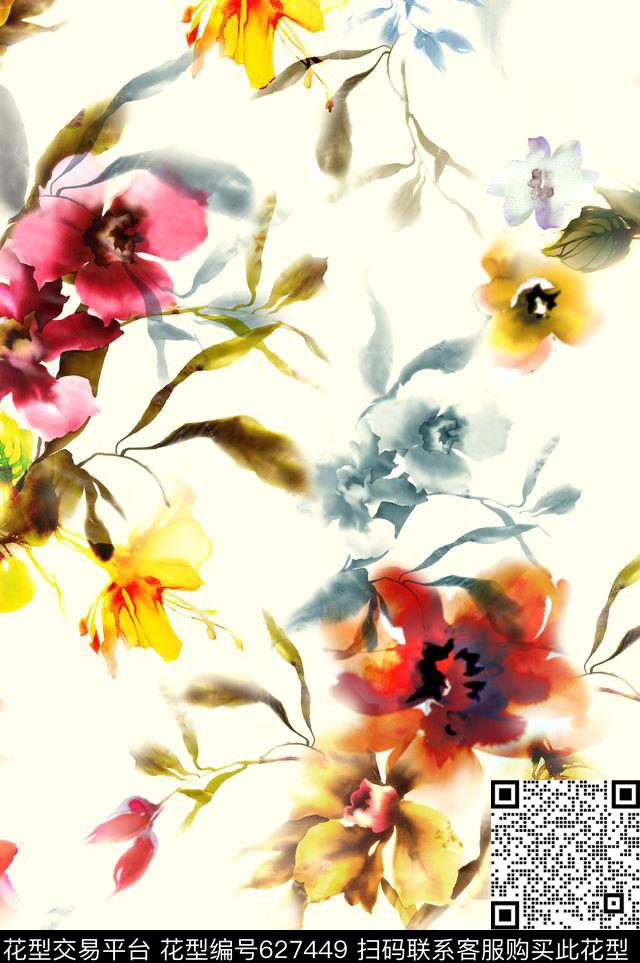 花卉清新手绘数码印花华亿平台下载（图片编号: 627449） - 瓦栏（Walan）