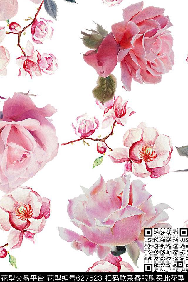 时尚潮流女装裙子玫瑰花花卉数码印花时尚潮流女装清爽柔和系列印花丝巾家纺梭织潮流印花数码印花华亿平台下载（图片编号: 627523） - 瓦栏（Walan）