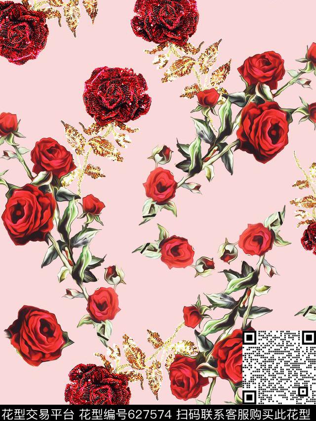 抽象玫瑰花朵数码印花华亿平台下载（图片编号: 627574） - 瓦栏（Walan）