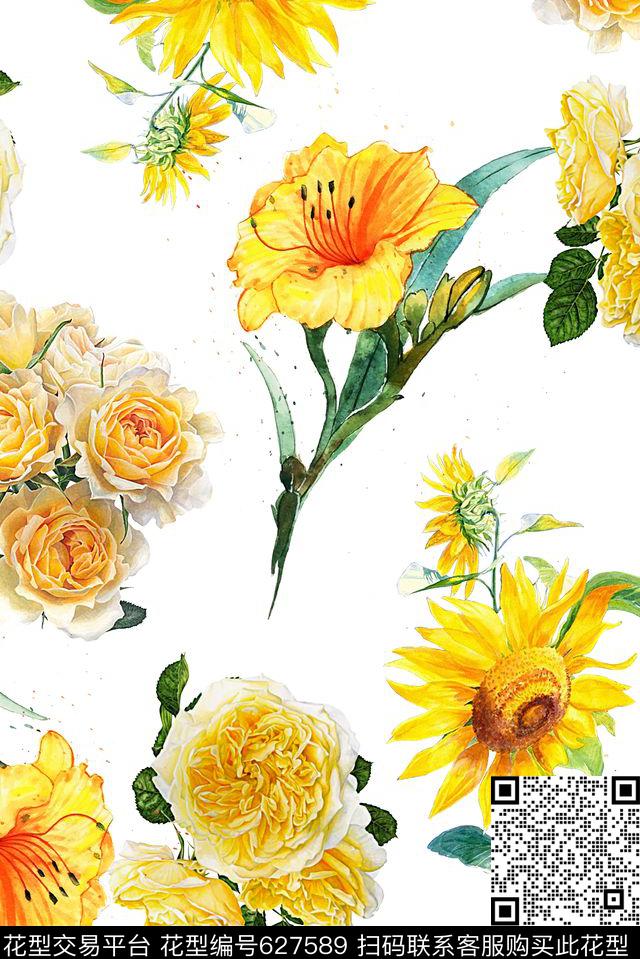 时尚手绘水彩画植物花卉玫瑰花数码印花流行时尚大牌中国风印花数码印花华亿平台下载（图片编号: 627589） - 瓦栏（Walan）