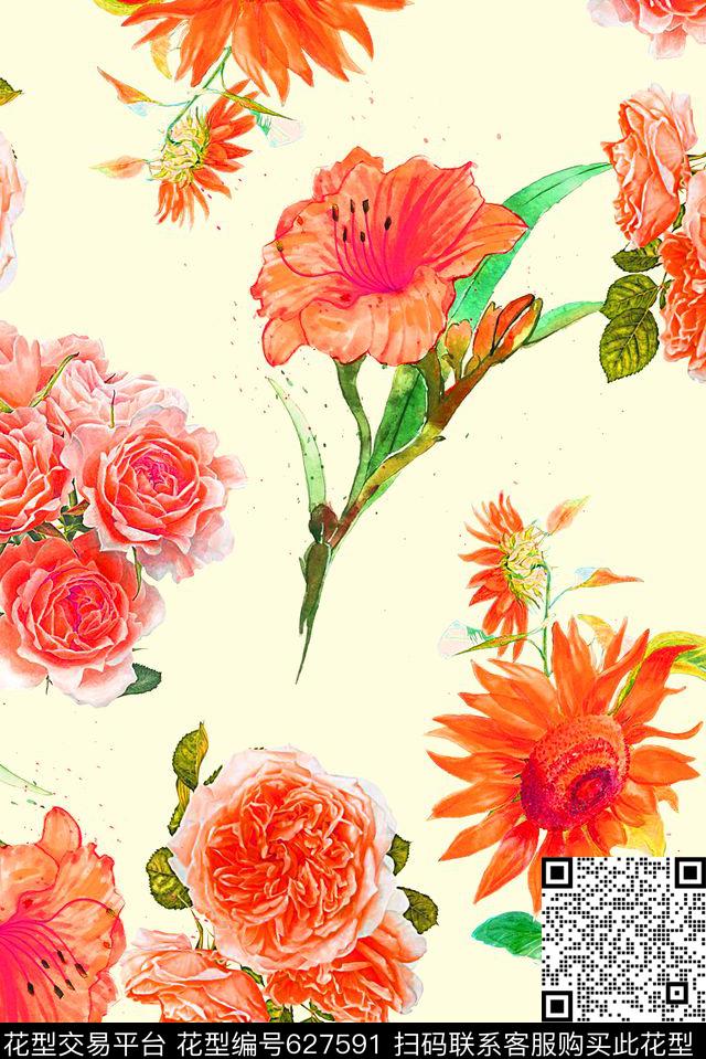 时尚手绘水彩画植物花卉玫瑰花数码印花时尚潮流清爽柔和系列女装裙子丝巾内衣印花流行时尚大牌中国风印花数码印花华亿平台下载（图片编号: 627591） - 瓦栏（Walan）
