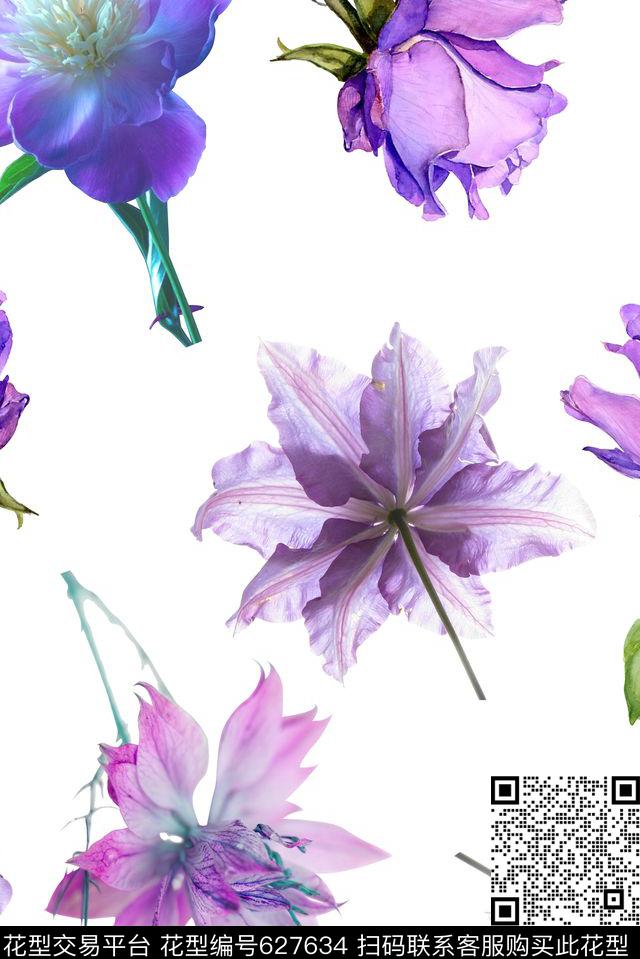 时尚抽象手绘水彩画花卉数码印花时尚潮流女装印花清爽柔和系列印花数码印花华亿平台下载（图片编号: 627634） - 瓦栏（Walan）