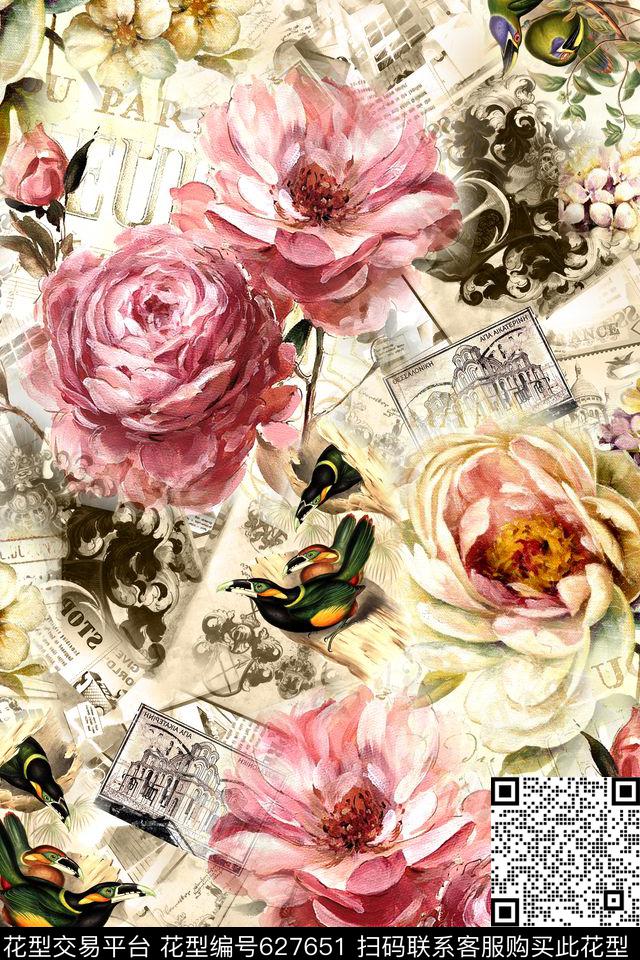 抽象拼接花卉数码印花华亿平台下载（图片编号: 627651） - 瓦栏（Walan）