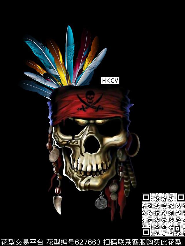 海盗骷髅羽毛男装T恤数码印花华亿平台下载（图片编号: 627663） - 瓦栏（Walan）