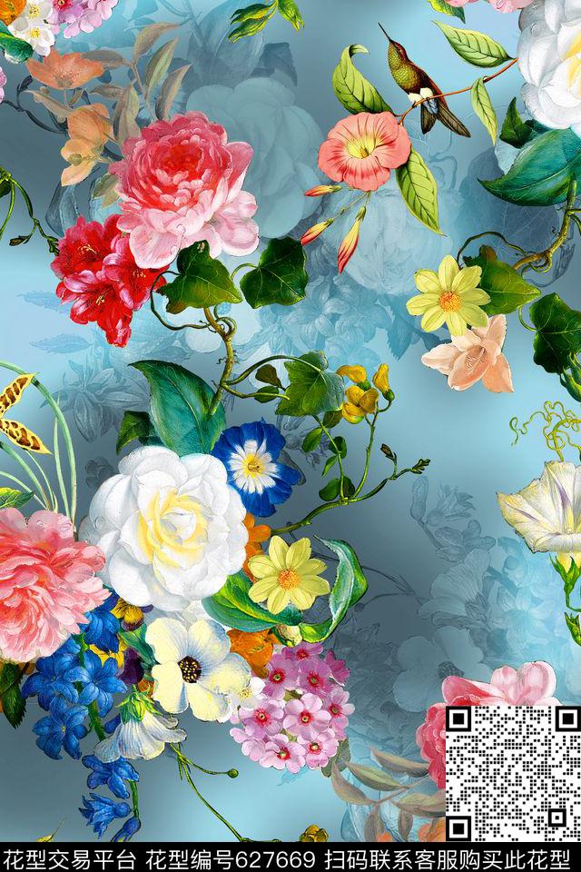 油画花卉蜂鸟数码印花华亿平台下载（图片编号: 627669） - 瓦栏（Walan）