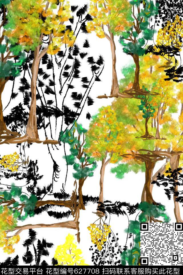 笔触水彩树林数码印花华亿平台下载（图片编号: 627708） - 瓦栏（Walan）