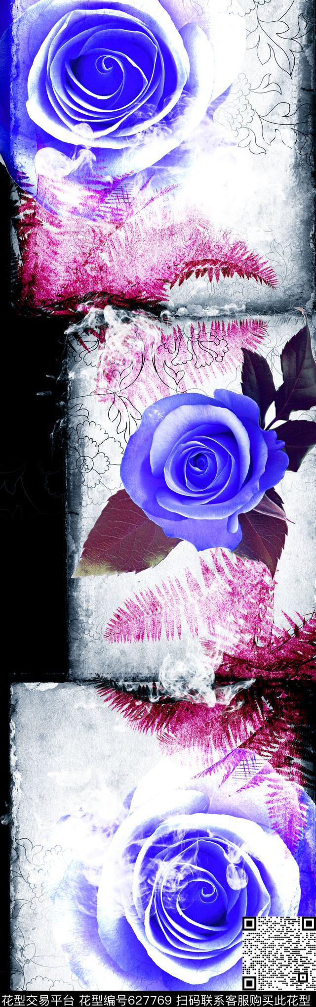 花卉月季花中国风大花朵数码印花华亿平台下载（图片编号: 627769） - 瓦栏（Walan）
