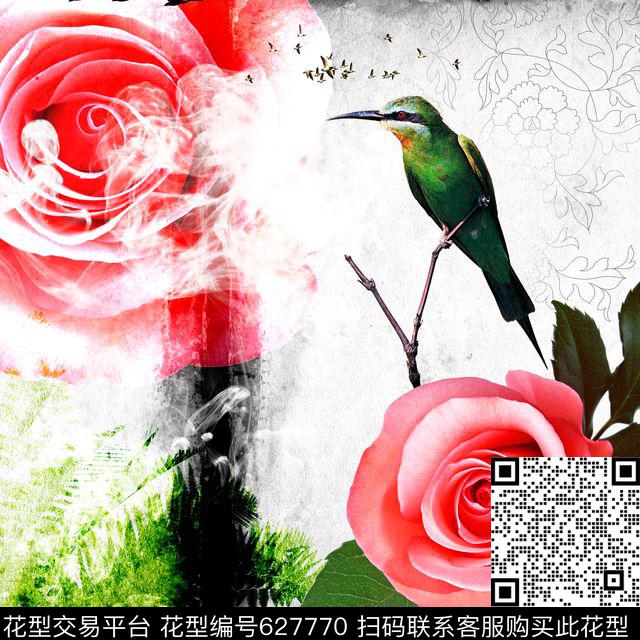 花卉月季花中国风大花朵数码印花华亿平台下载（图片编号: 627770） - 瓦栏（Walan）