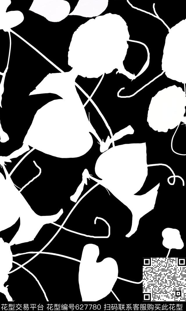 抽象花卉花卉黑白剪影传统印花华亿平台下载（图片编号: 627780） - 瓦栏（Walan）