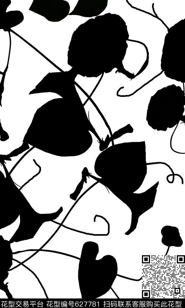 抽象花卉花卉黑白剪影传统印花华亿平台下载（图片编号: 627781） - 瓦栏（Walan）