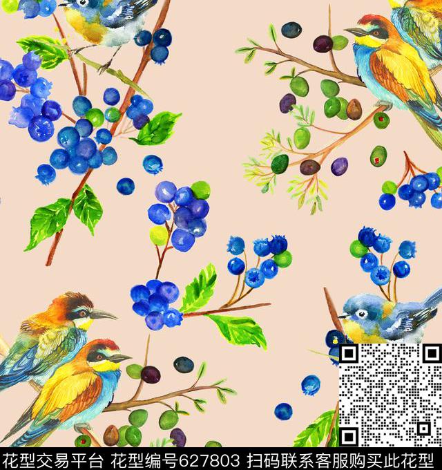 水彩花鸟果子数码印花华亿平台下载（图片编号: 627803） - 瓦栏（Walan）