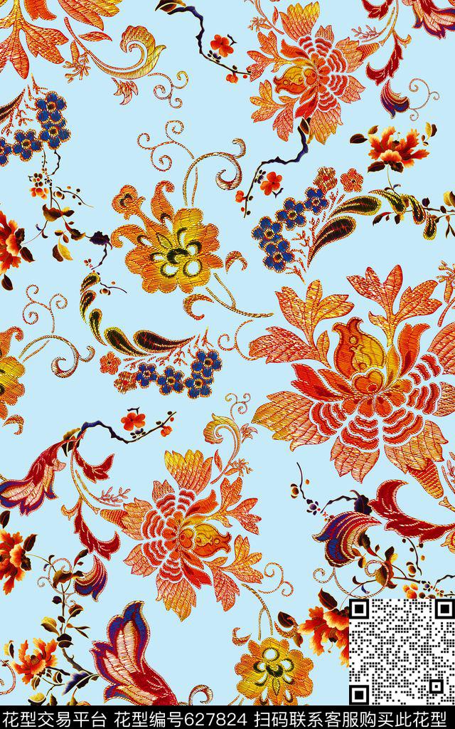 花朵绣花刺绣数码印花华亿平台下载（图片编号: 627824） - 瓦栏（Walan）