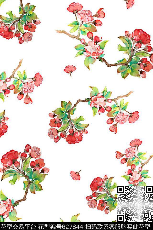花卉手绘海棠数码印花华亿平台下载（图片编号: 627844） - 瓦栏（Walan）