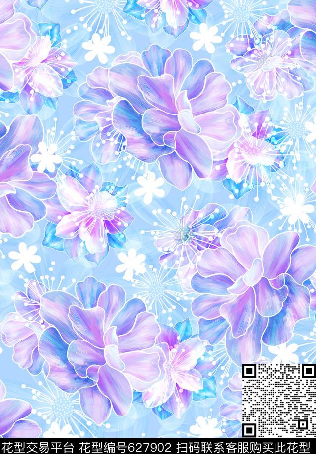 原创手绘浪漫型花卉家纺传统印花华亿平台下载（图片编号: 627902） - 瓦栏（Walan）