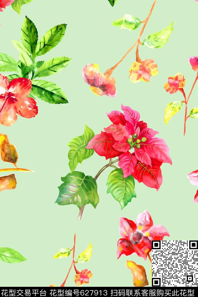水彩花卉欧美珠宝数码印花华亿平台下载（图片编号: 627913） - 瓦栏（Walan）