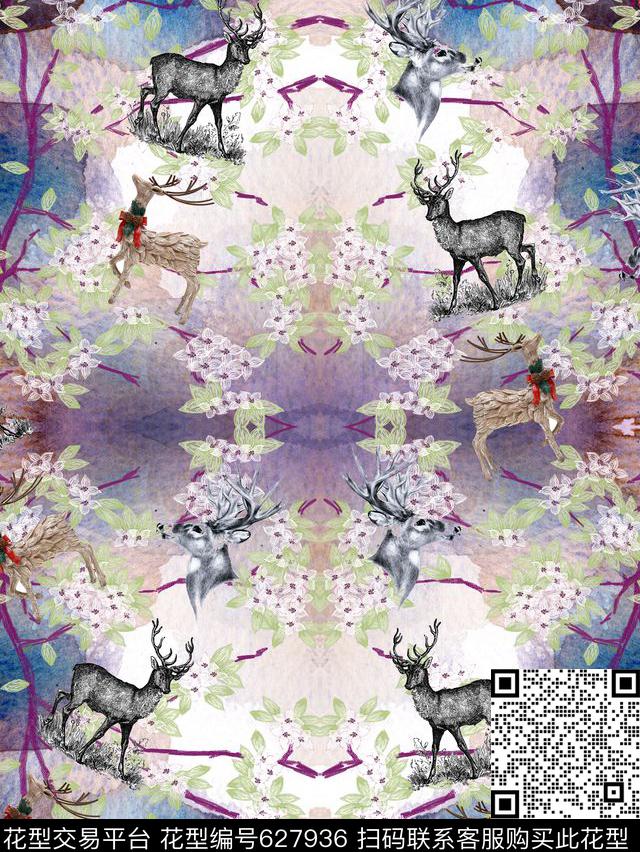 复古、花枝、鹿数码印花华亿平台下载（图片编号: 627936） - 瓦栏（Walan）