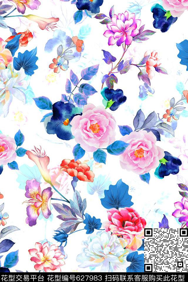 手绘水彩花卉数码印花华亿平台下载（图片编号: 627983） - 瓦栏（Walan）