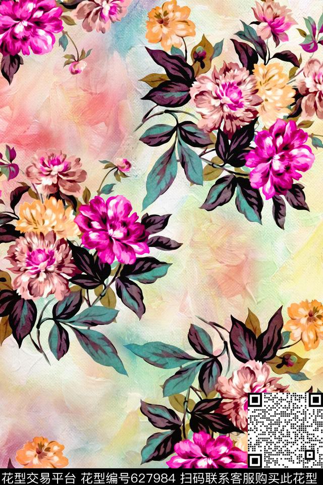 手绘水彩花卉数码印花华亿平台下载（图片编号: 627984） - 瓦栏（Walan）
