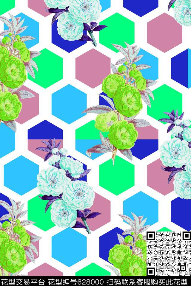 花卉植物几何蜂巢数码印花华亿平台下载（图片编号: 628000） - 瓦栏（Walan）