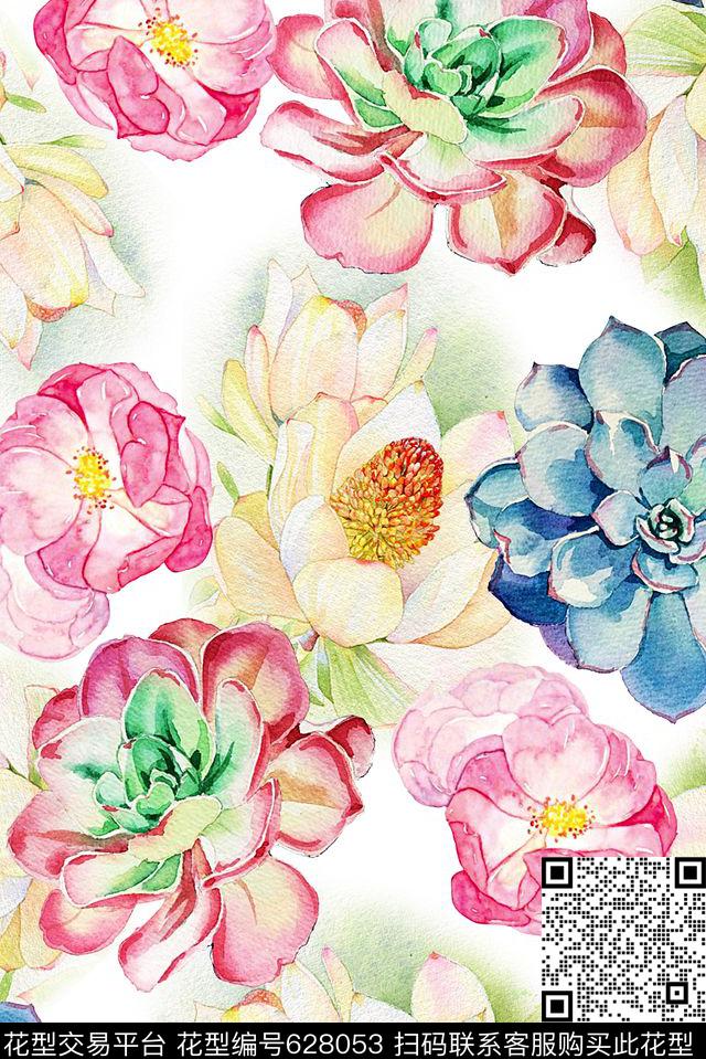 时尚抽象手绘肉类植物数码印花时尚水彩清爽柔和可爱系列女装印花数码印花华亿平台下载（图片编号: 628053） - 瓦栏（Walan）