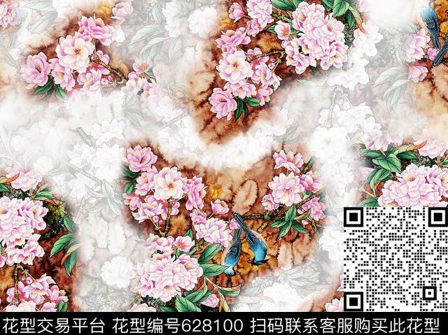 花卉花鸟图芍药桂枝数码印花华亿平台下载（图片编号: 628100） - 瓦栏（Walan）