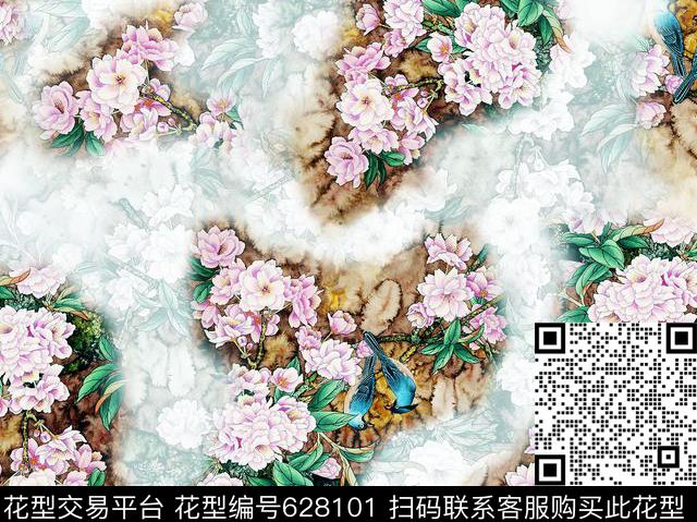花卉花鸟图芍药桂枝数码印花华亿平台下载（图片编号: 628101） - 瓦栏（Walan）