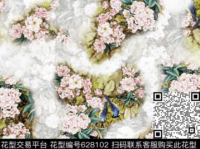 花卉花鸟图芍药桂枝数码印花华亿平台下载（图片编号: 628102） - 瓦栏（Walan）